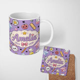 Personalized Custom Name Cute Kawaii School Supplies Purple Background Seamless Pattern 11oz Ceramic Coffee Tea Mug White Large Handle