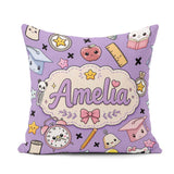 Custom Name Cute Kawaii School Supplies Purple Seamless Pattern Square Filled Cushion Throw Pillow Sofa Bed Home Decor Zip Washable UK Made
