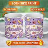 Personalized Custom Name Cute Kawaii School Supplies Purple Background Seamless Pattern 11oz Ceramic Coffee Tea Mug White Large Handle