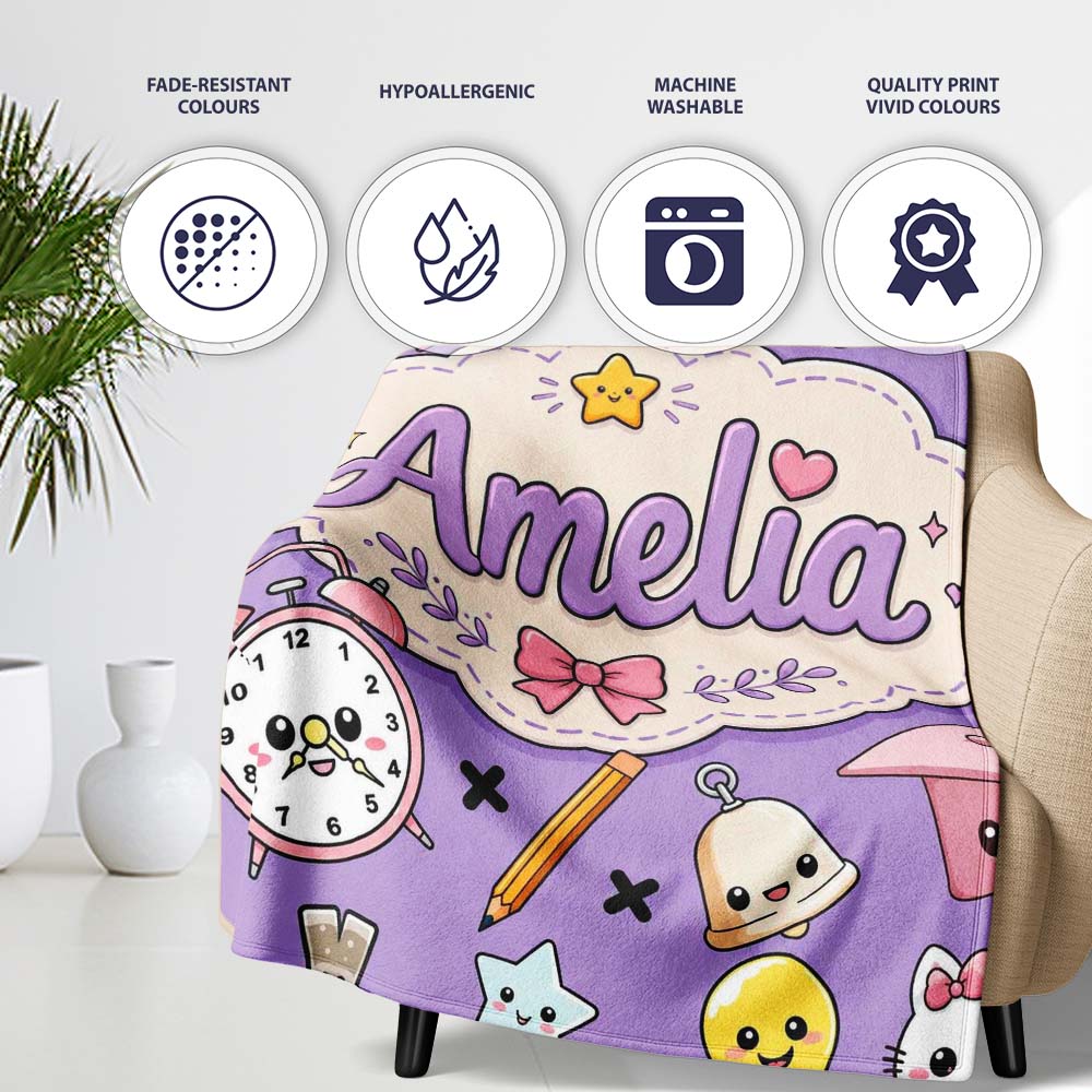 Cute Kawaii School Supplies Purple Background Seamless Pattern  Personalised Custom Name Super Soft Fleece Blanket Bed Sofa Throw