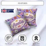 Custom Name Cute Kawaii School Supplies Purple Seamless Pattern Square Filled Cushion Throw Pillow Sofa Bed Home Decor Zip Washable UK Made