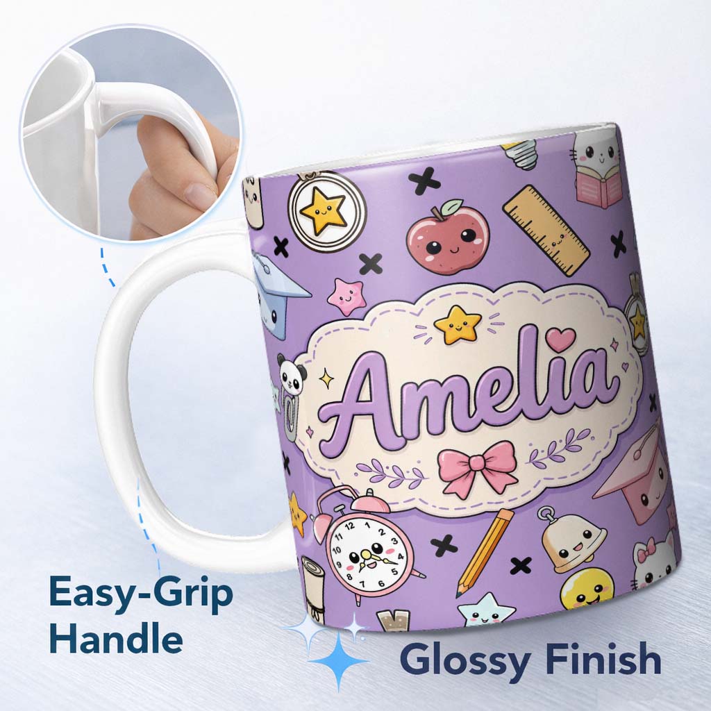 Personalized Custom Name Cute Kawaii School Supplies Purple Background Seamless Pattern 11oz Ceramic Coffee Tea Mug White Large Handle