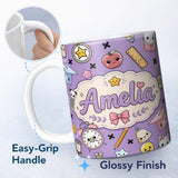 Personalized Custom Name Cute Kawaii School Supplies Purple Background Seamless Pattern 11oz Ceramic Coffee Tea Mug White Large Handle