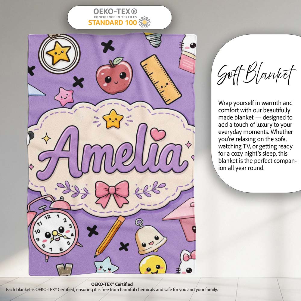 Cute Kawaii School Supplies Purple Background Seamless Pattern  Personalised Custom Name Super Soft Fleece Blanket Bed Sofa Throw
