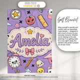 Cute Kawaii School Supplies Purple Background Seamless Pattern  Personalised Custom Name Super Soft Fleece Blanket Bed Sofa Throw