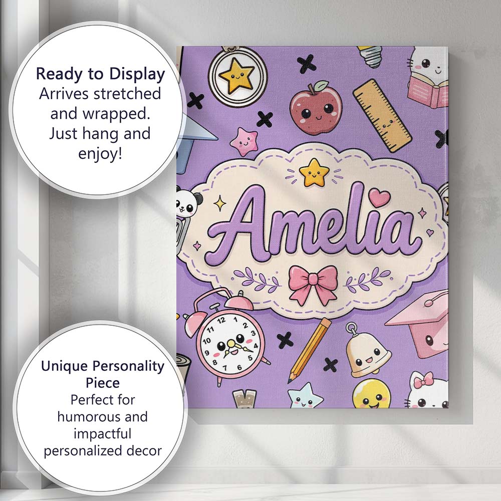 Personalised Name Cute Kawaii School Custom Premium Decorative Design Modern Room Accent Canvas Wall Art Print Decor Picture Ready to Hang
