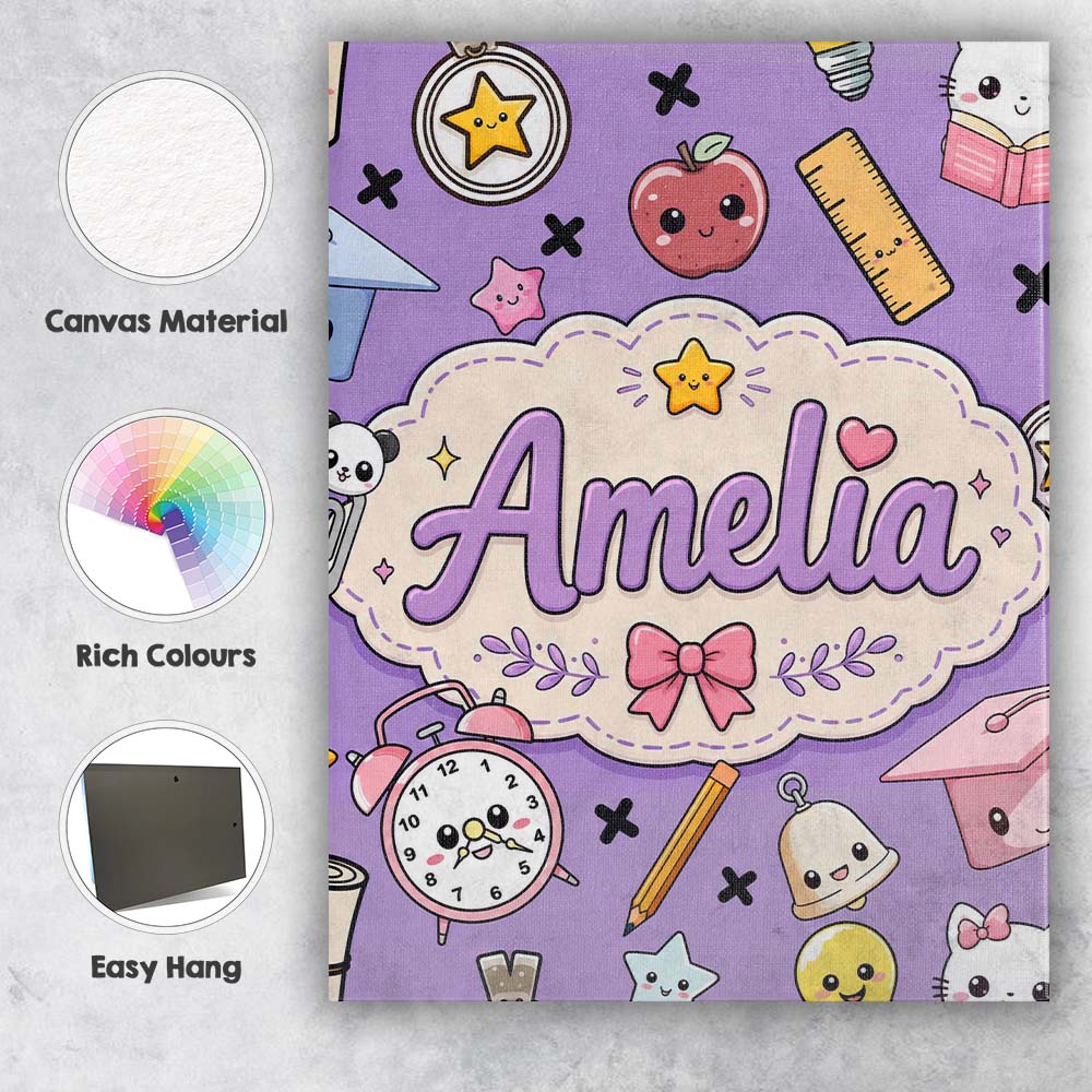 Personalised Name Cute Kawaii School Custom Premium Decorative Design Modern Room Accent Canvas Wall Art Print Decor Picture Ready to Hang