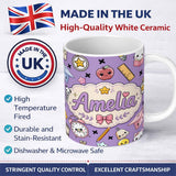 Personalized Custom Name Cute Kawaii School Supplies Purple Background Seamless Pattern 11oz Ceramic Coffee Tea Mug White Large Handle