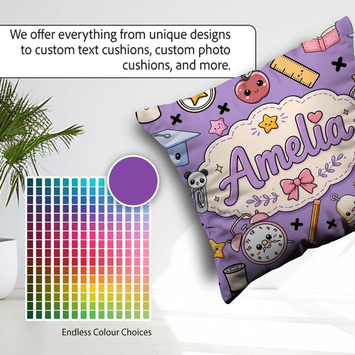 Custom Name Cute Kawaii School Supplies Purple Seamless Pattern Square Filled Cushion Throw Pillow Sofa Bed Home Decor Zip Washable UK Made