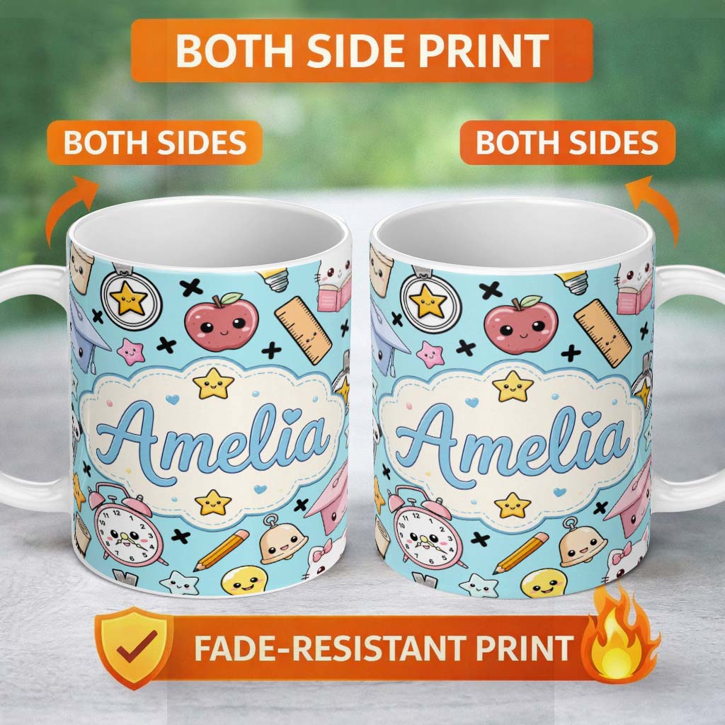 Personalized Custom Name Cute Kawaii School Supplies Cat Books Blue Background Seamless 11oz Ceramic Coffee Tea Mug White Large Handle
