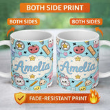 Personalized Custom Name Cute Kawaii School Supplies Cat Books Blue Background Seamless 11oz Ceramic Coffee Tea Mug White Large Handle