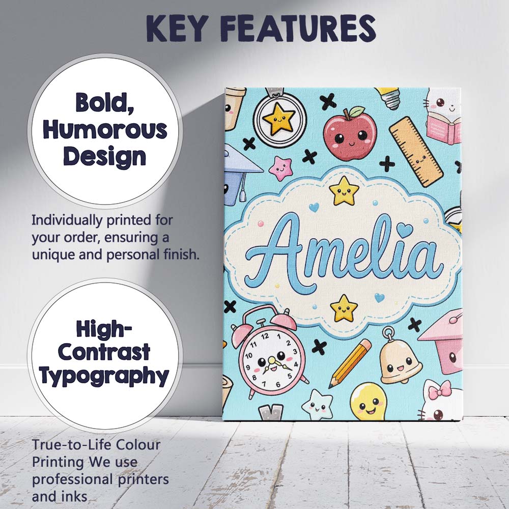 Personalised Name Cute Kawaii School Custom Premium Decorative Design Modern Room Accent Canvas Wall Art Print Decor Picture Ready to Hang