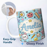 Personalized Custom Name Cute Kawaii School Supplies Cat Books Blue Background Seamless 11oz Ceramic Coffee Tea Mug White Large Handle