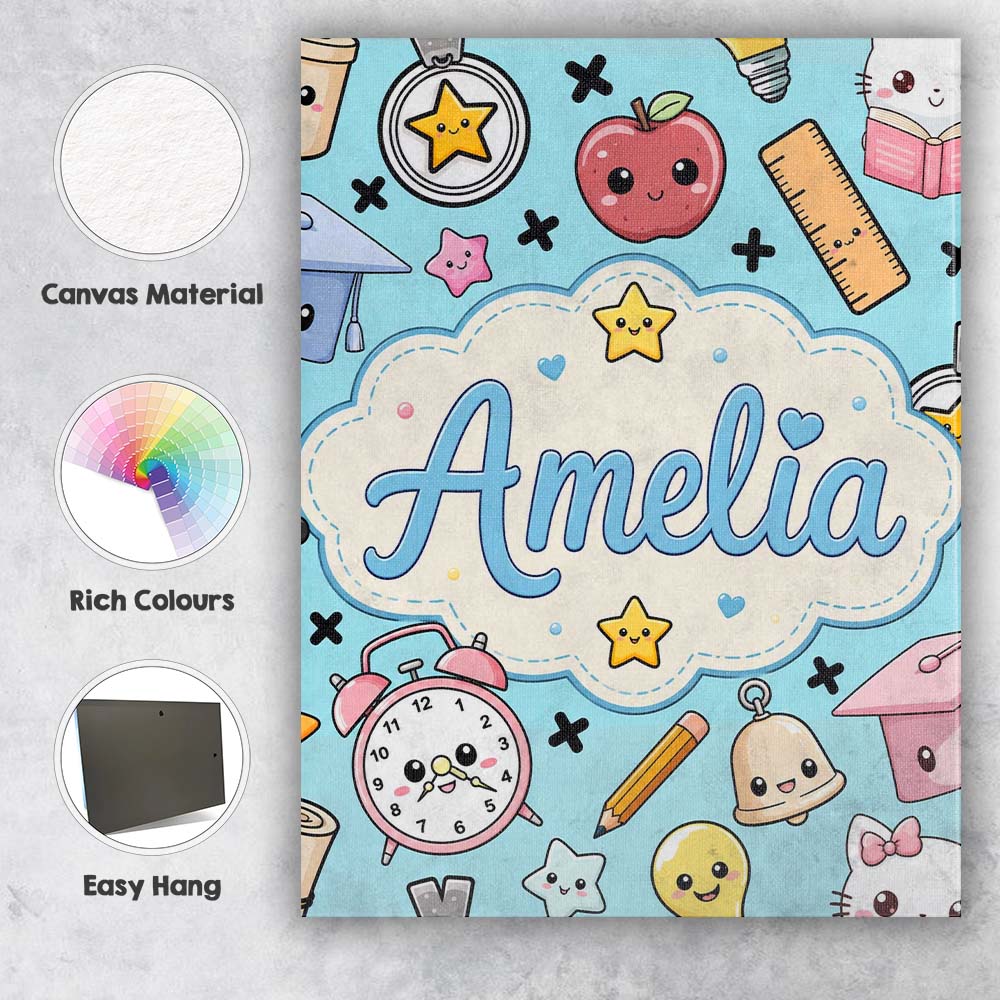 Personalised Name Cute Kawaii School Custom Premium Decorative Design Modern Room Accent Canvas Wall Art Print Decor Picture Ready to Hang