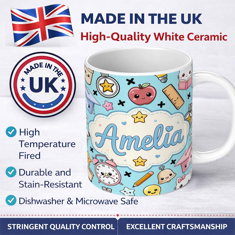Personalized Custom Name Cute Kawaii School Supplies Cat Books Blue Background Seamless 11oz Ceramic Coffee Tea Mug White Large Handle