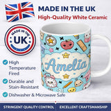 Personalized Custom Name Cute Kawaii School Supplies Cat Books Blue Background Seamless 11oz Ceramic Coffee Tea Mug White Large Handle