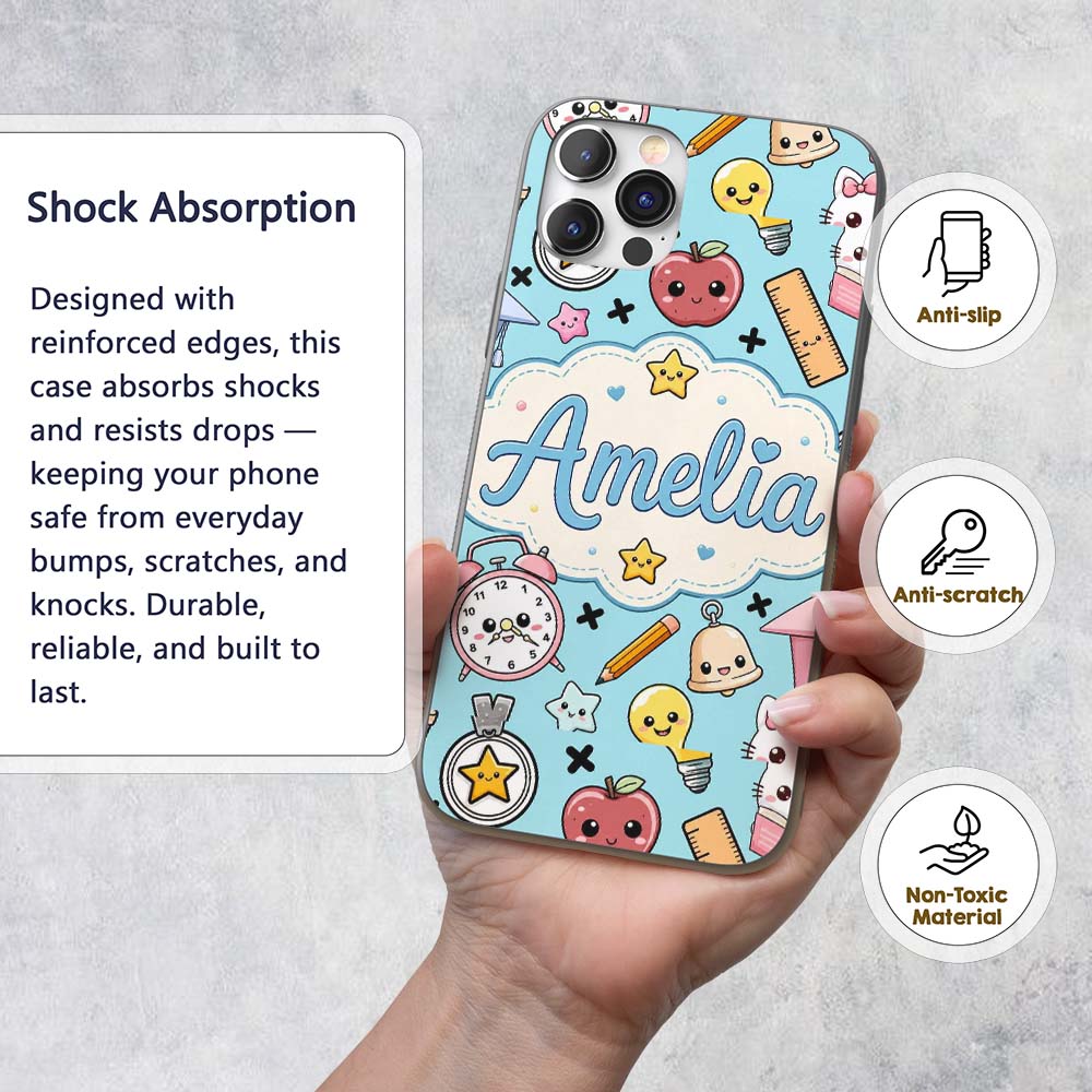Cute Kawaii School Supplies Cat Printed Design Custom Name Protective Phone Case Mobile Cover Durable Everyday Smartphone Shock Resistant