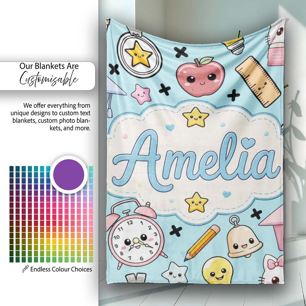 Cute Kawaii School Supplies Cat Books Blue Background Seamless  Personalised Custom Name Super Soft Fleece Blanket Bed Sofa Throw
