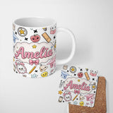 Personalized Custom Name Cute Kawaii School Supplies Cat Books Grey Background Seamless 11oz Ceramic Coffee Tea Mug White Large Handle