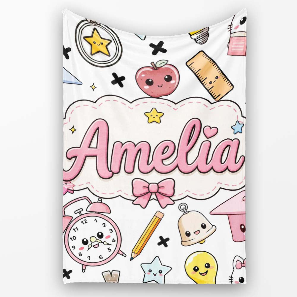 Cute Kawaii School Supplies Cat Books Grey Background Seamless  Personalised Custom Name Super Soft Fleece Blanket Bed Sofa Throw