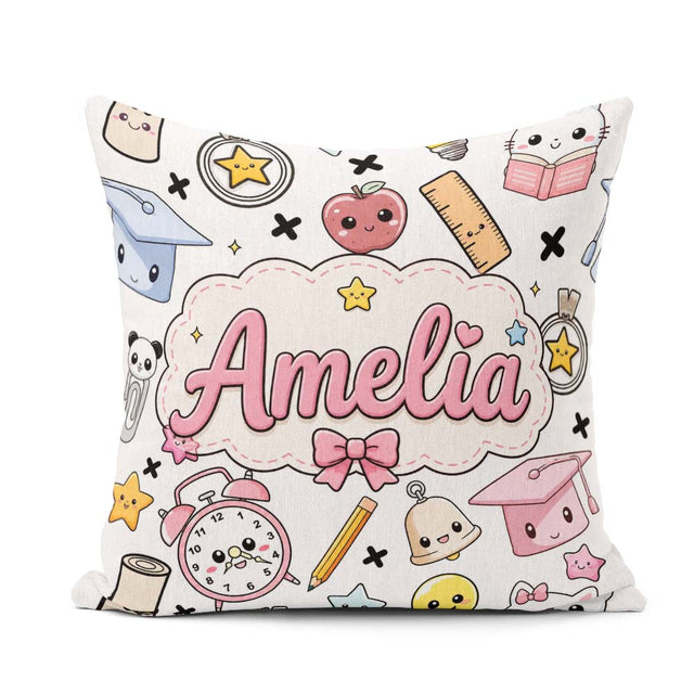 Custom Name Cute Kawaii School Supplies Cat Books Grey Seamless Square Filled Cushion Throw Pillow Sofa Bed Home Decor Zip Washable UK Made