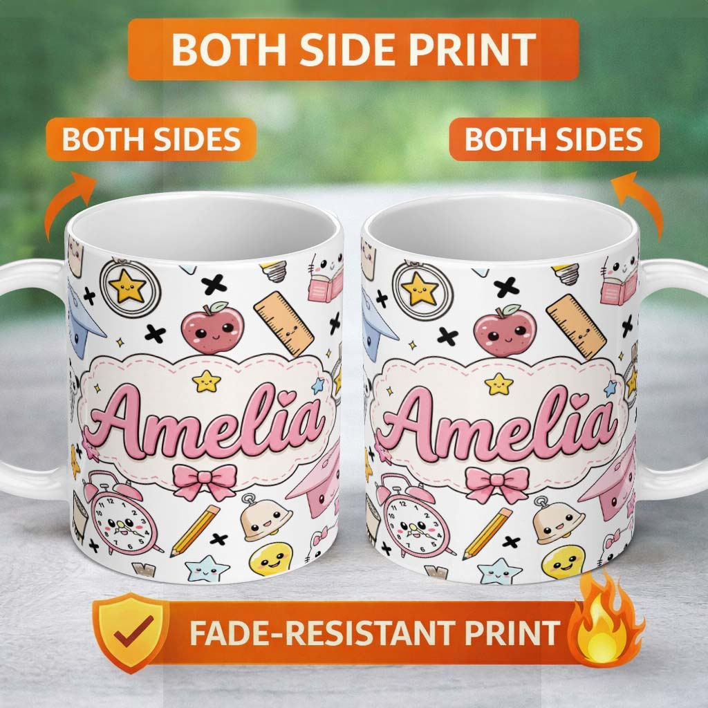 Personalized Custom Name Cute Kawaii School Supplies Cat Books Grey Background Seamless 11oz Ceramic Coffee Tea Mug White Large Handle