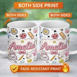 Personalized Custom Name Cute Kawaii School Supplies Cat Books Grey Background Seamless 11oz Ceramic Coffee Tea Mug White Large Handle