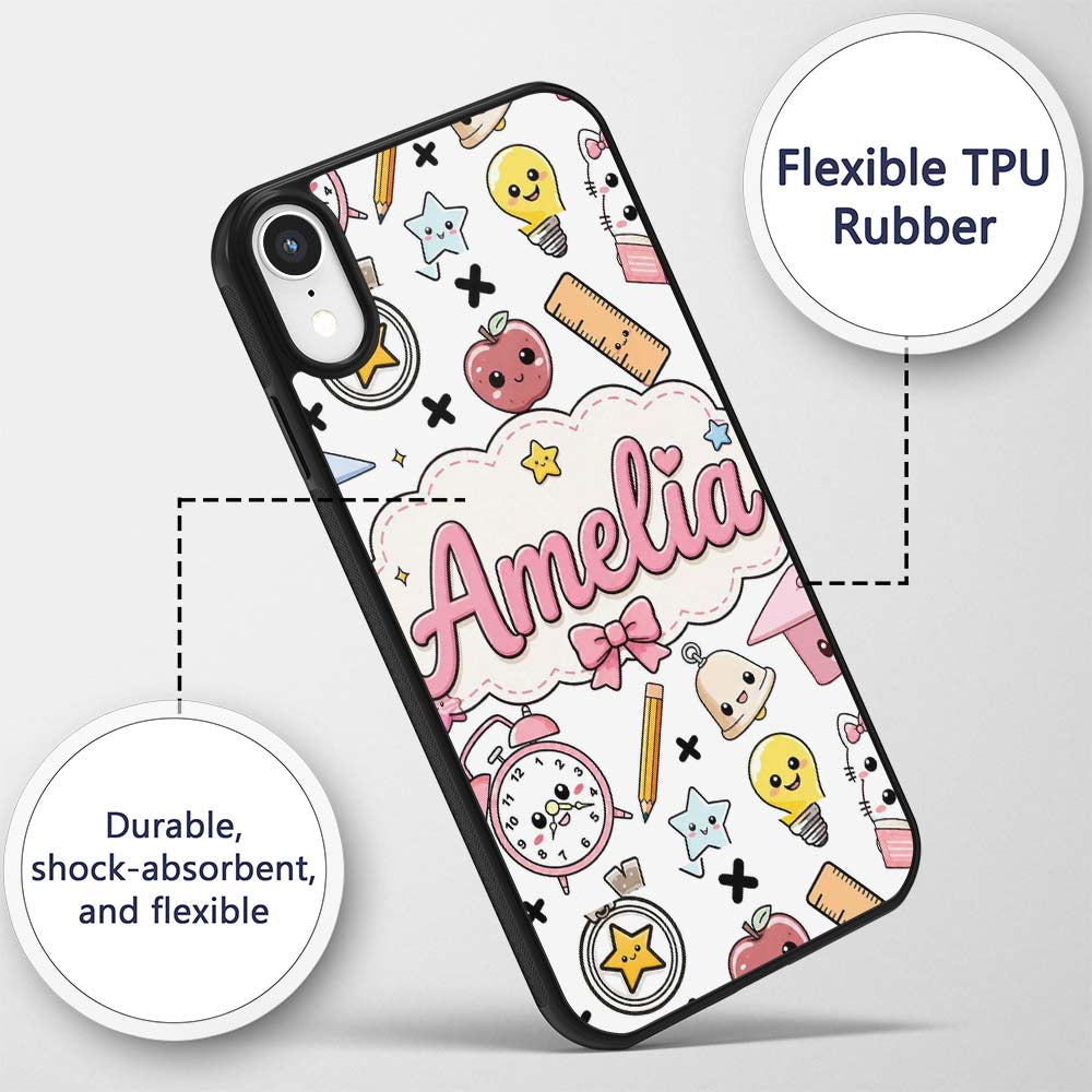 Cute Kawaii School Supplies Cat Printed Design Custom Name Protective Phone Case Mobile Cover Durable Everyday Smartphone Shock Resistant