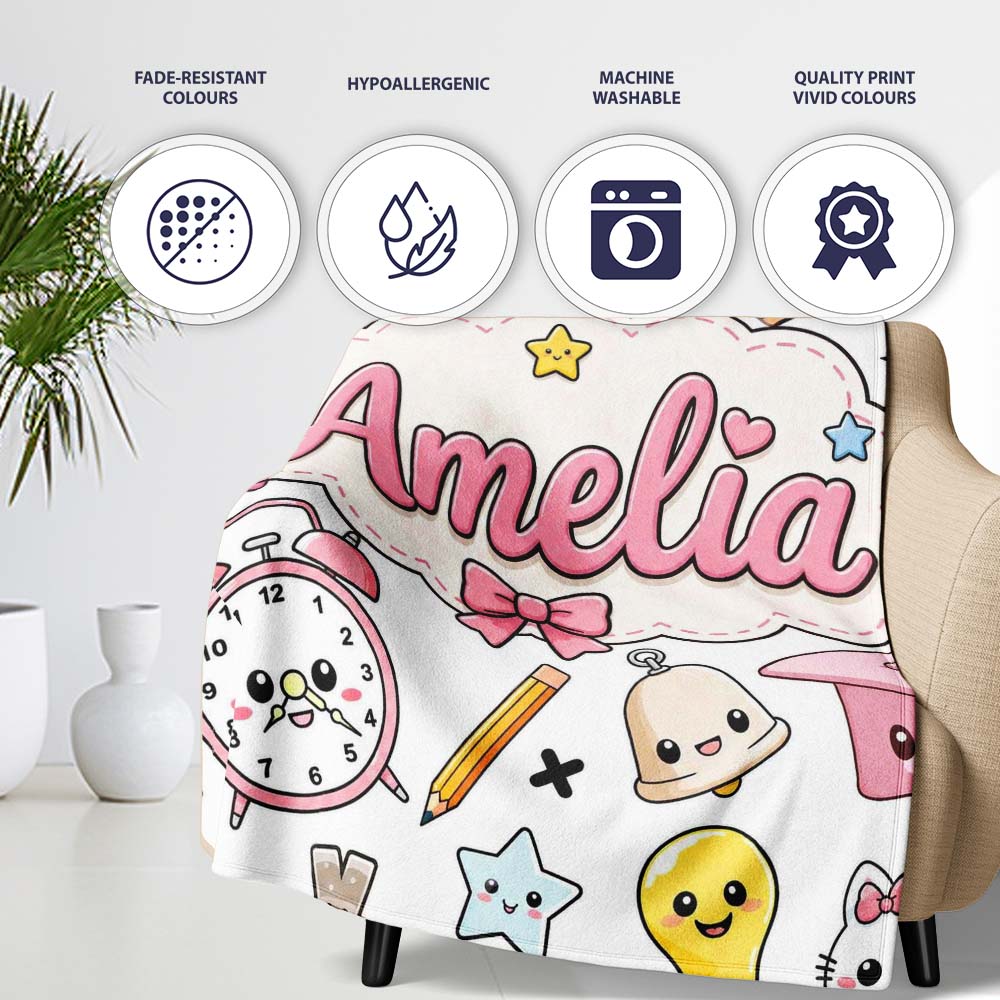 Cute Kawaii School Supplies Cat Books Grey Background Seamless  Personalised Custom Name Super Soft Fleece Blanket Bed Sofa Throw