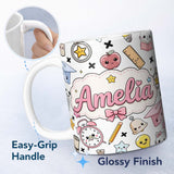 Personalized Custom Name Cute Kawaii School Supplies Cat Books Grey Background Seamless 11oz Ceramic Coffee Tea Mug White Large Handle