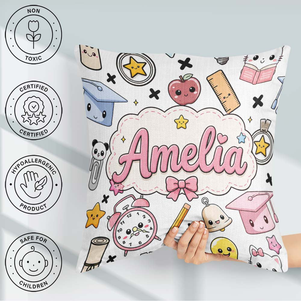 Custom Name Cute Kawaii School Supplies Cat Books Grey Seamless Square Filled Cushion Throw Pillow Sofa Bed Home Decor Zip Washable UK Made