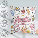Custom Name Cute Kawaii School Supplies Cat Books Grey Seamless Square Filled Cushion Throw Pillow Sofa Bed Home Decor Zip Washable UK Made