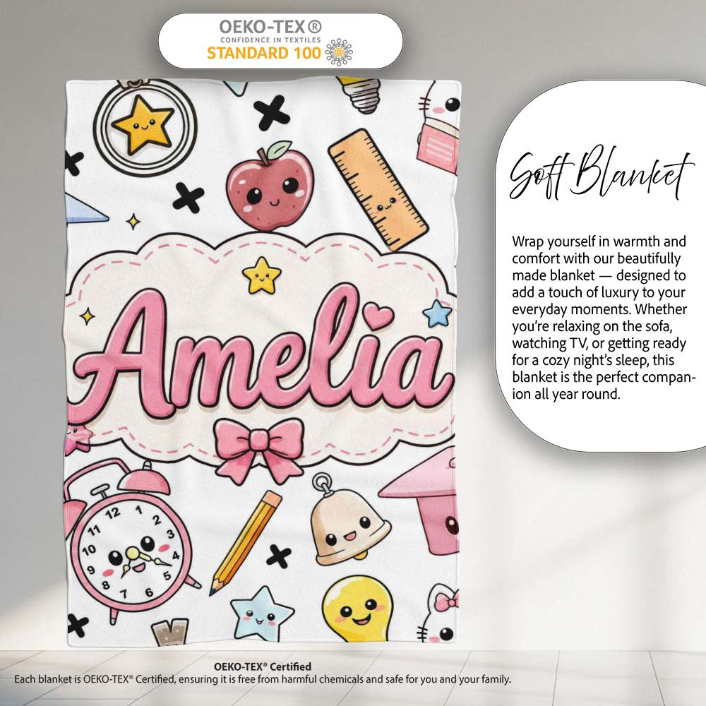 Cute Kawaii School Supplies Cat Books Grey Background Seamless  Personalised Custom Name Super Soft Fleece Blanket Bed Sofa Throw