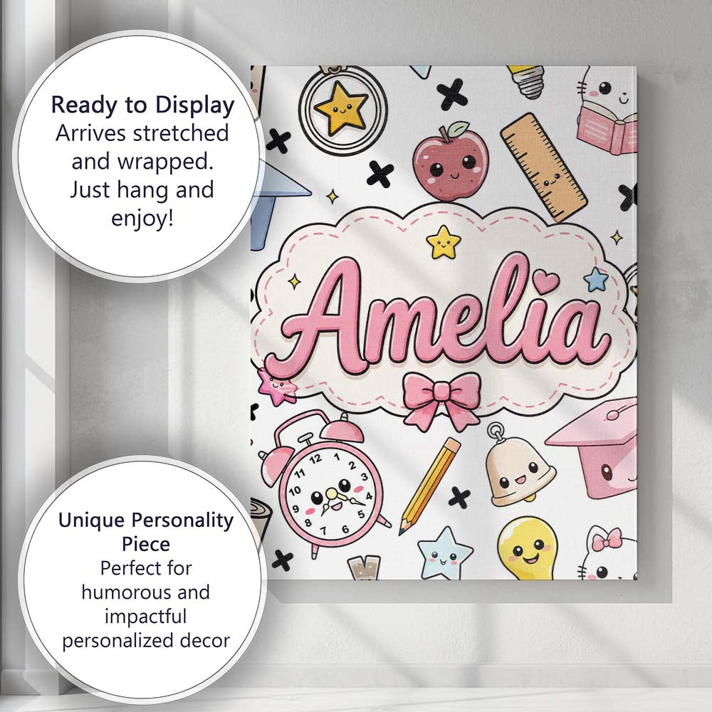 Personalised Name Cute Kawaii School Custom Premium Decorative Design Modern Room Accent Canvas Wall Art Print Decor Picture Ready to Hang