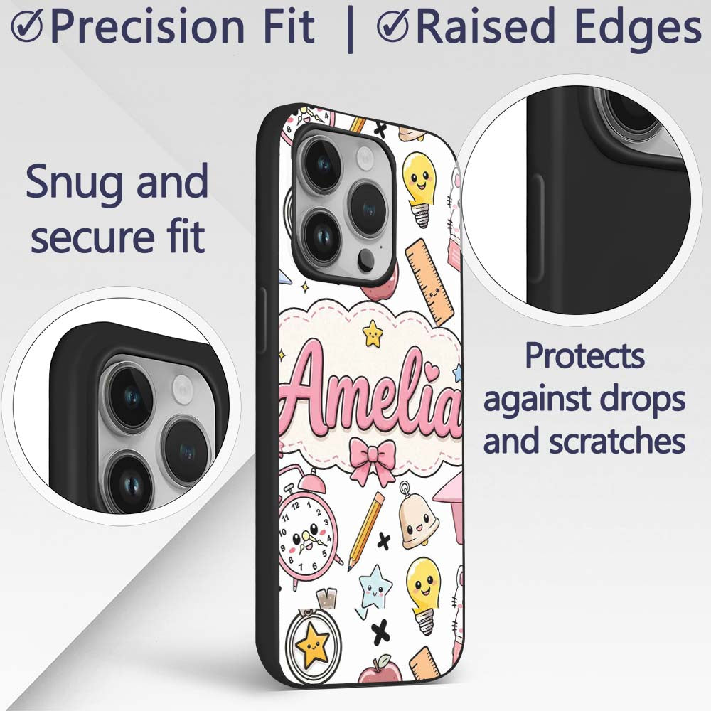 Cute Kawaii School Supplies Cat Printed Design Custom Name Protective Phone Case Mobile Cover Durable Everyday Smartphone Shock Resistant