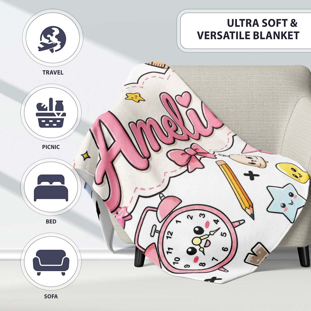 Cute Kawaii School Supplies Cat Books Grey Background Seamless  Personalised Custom Name Super Soft Fleece Blanket Bed Sofa Throw