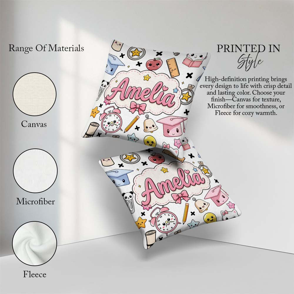 Custom Name Cute Kawaii School Supplies Cat Books Grey Seamless Square Filled Cushion Throw Pillow Sofa Bed Home Decor Zip Washable UK Made