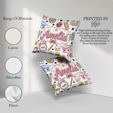 Custom Name Cute Kawaii School Supplies Cat Books Grey Seamless Square Filled Cushion Throw Pillow Sofa Bed Home Decor Zip Washable UK Made