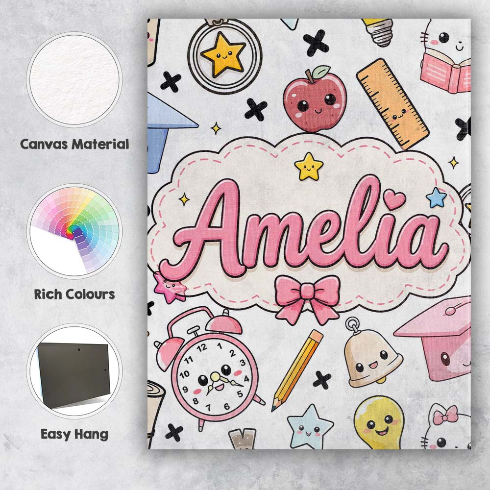 Personalised Name Cute Kawaii School Custom Premium Decorative Design Modern Room Accent Canvas Wall Art Print Decor Picture Ready to Hang