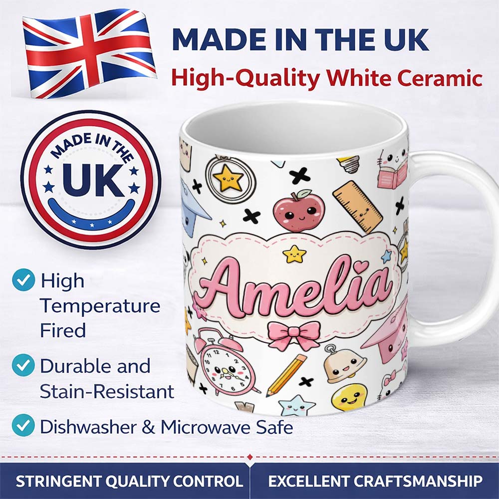 Personalized Custom Name Cute Kawaii School Supplies Cat Books Grey Background Seamless 11oz Ceramic Coffee Tea Mug White Large Handle