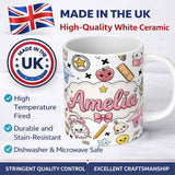 Personalized Custom Name Cute Kawaii School Supplies Cat Books Grey Background Seamless 11oz Ceramic Coffee Tea Mug White Large Handle