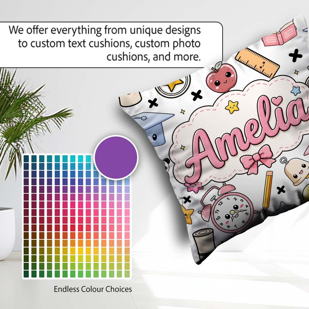 Custom Name Cute Kawaii School Supplies Cat Books Grey Seamless Square Filled Cushion Throw Pillow Sofa Bed Home Decor Zip Washable UK Made