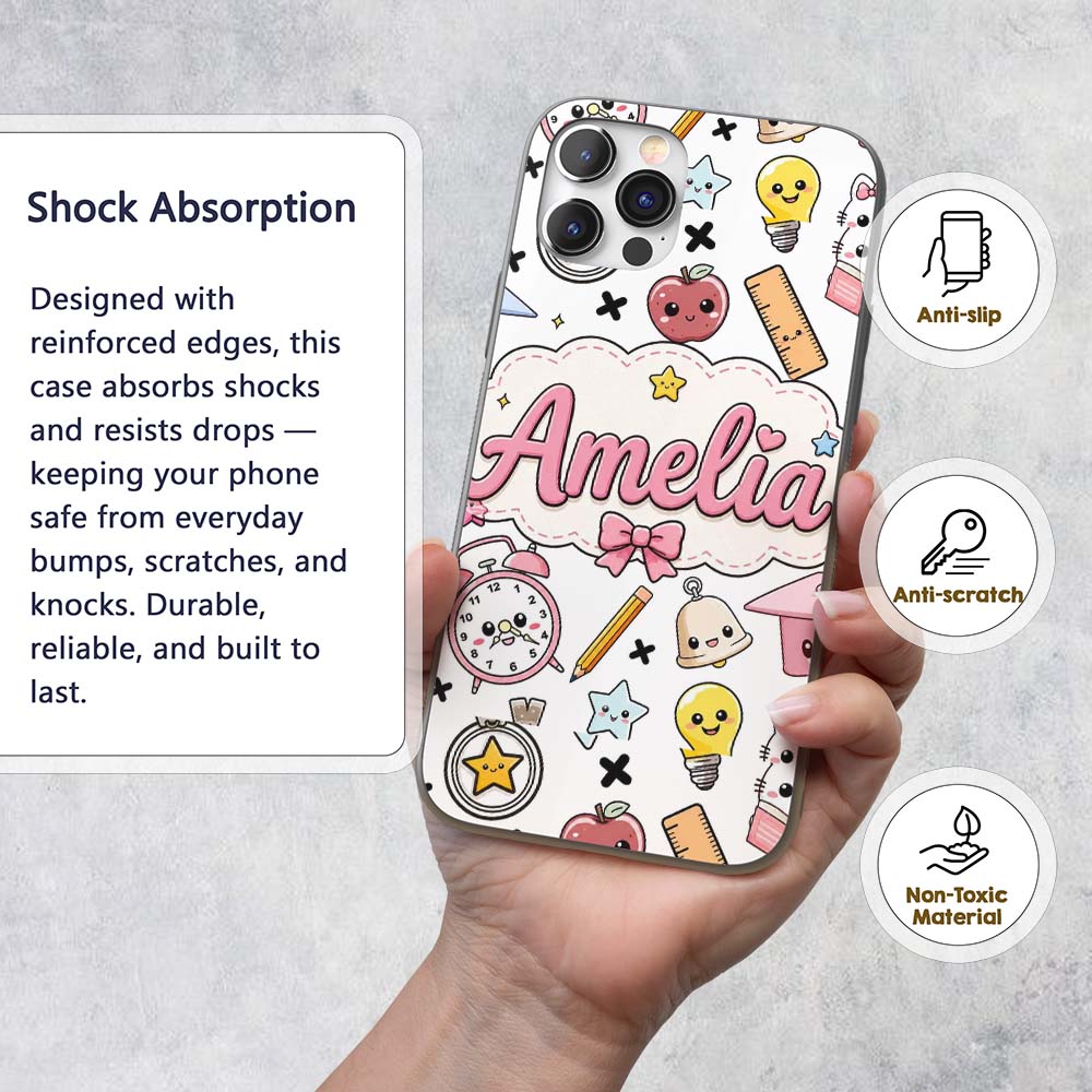 Cute Kawaii School Supplies Cat Printed Design Custom Name Protective Phone Case Mobile Cover Durable Everyday Smartphone Shock Resistant