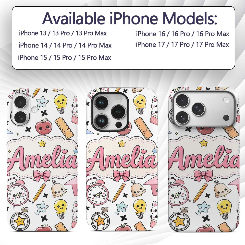 Cute Kawaii School Supplies Cat Printed Design Custom Name Protective Phone Case Mobile Cover Durable Everyday Smartphone Shock Resistant