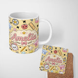 Personalized Custom Name Cute Kawaii School Supplies Cat Books Beige Background Seamless 11oz Ceramic Coffee Tea Mug White Large Handle