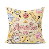Custom Name Cute Kawaii School Supplies Cat Books Beige Seamless Square Filled Cushion Throw Pillow Sofa Bed Home Decor Zip Washable UK Made