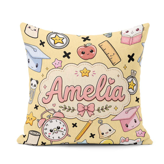 Custom Name Cute Kawaii School Supplies Cat Books Beige Seamless Square Filled Cushion Throw Pillow Sofa Bed Home Decor Zip Washable UK Made