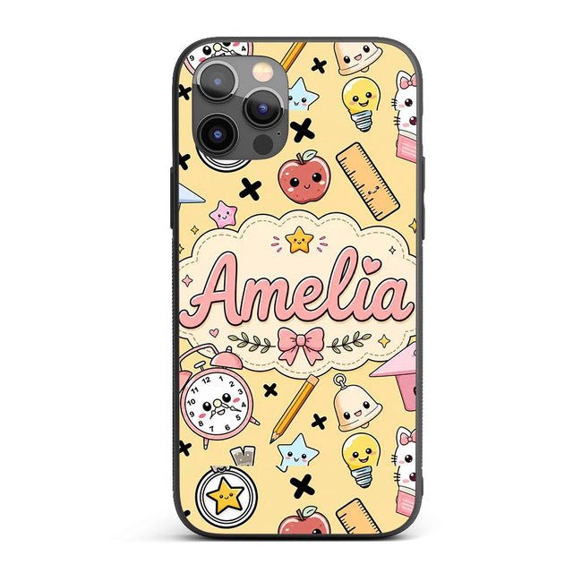 Cute Kawaii School Supplies Cat Printed Design Custom Name Protective Phone Case Mobile Cover Durable Everyday Smartphone Shock Resistant