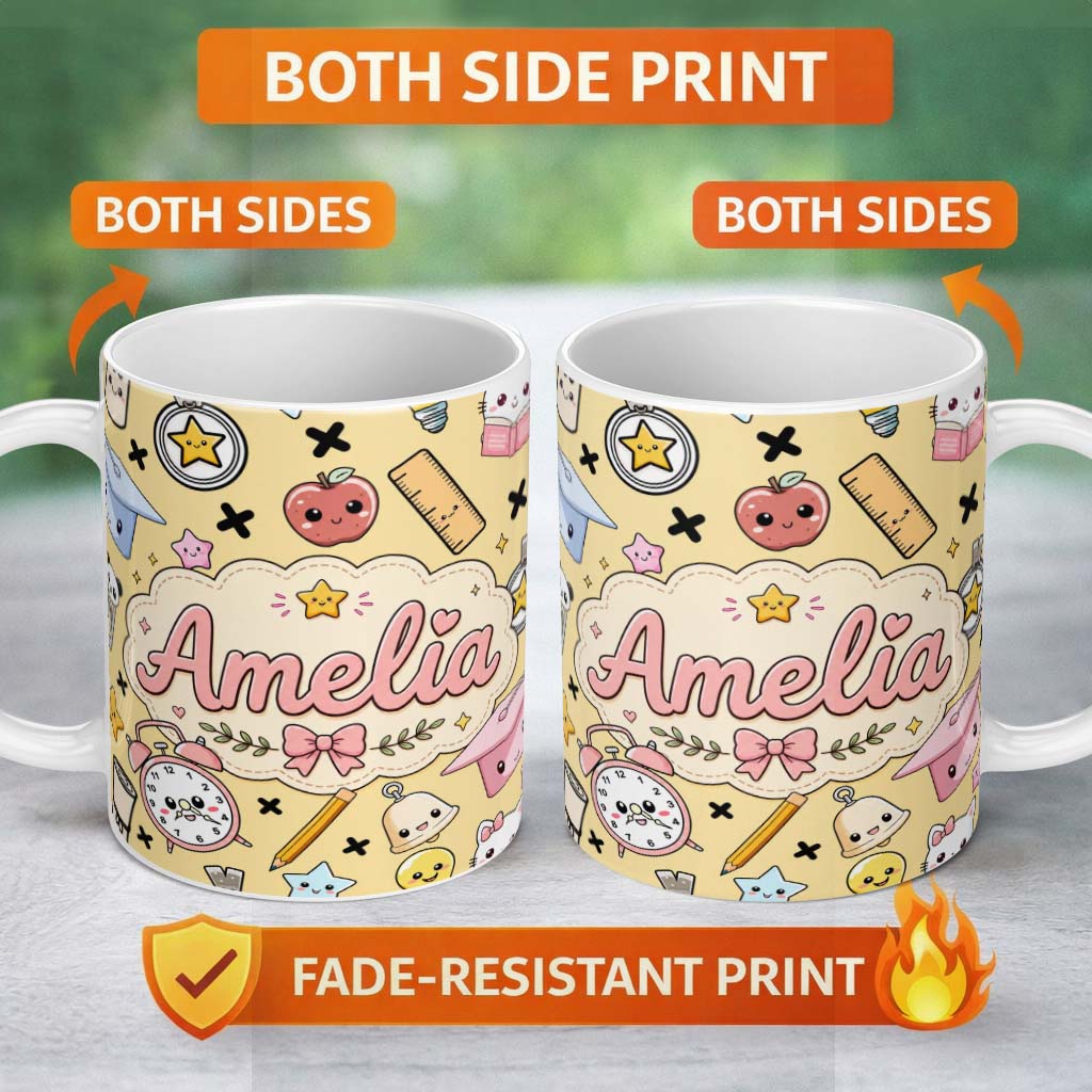 Personalized Custom Name Cute Kawaii School Supplies Cat Books Beige Background Seamless 11oz Ceramic Coffee Tea Mug White Large Handle