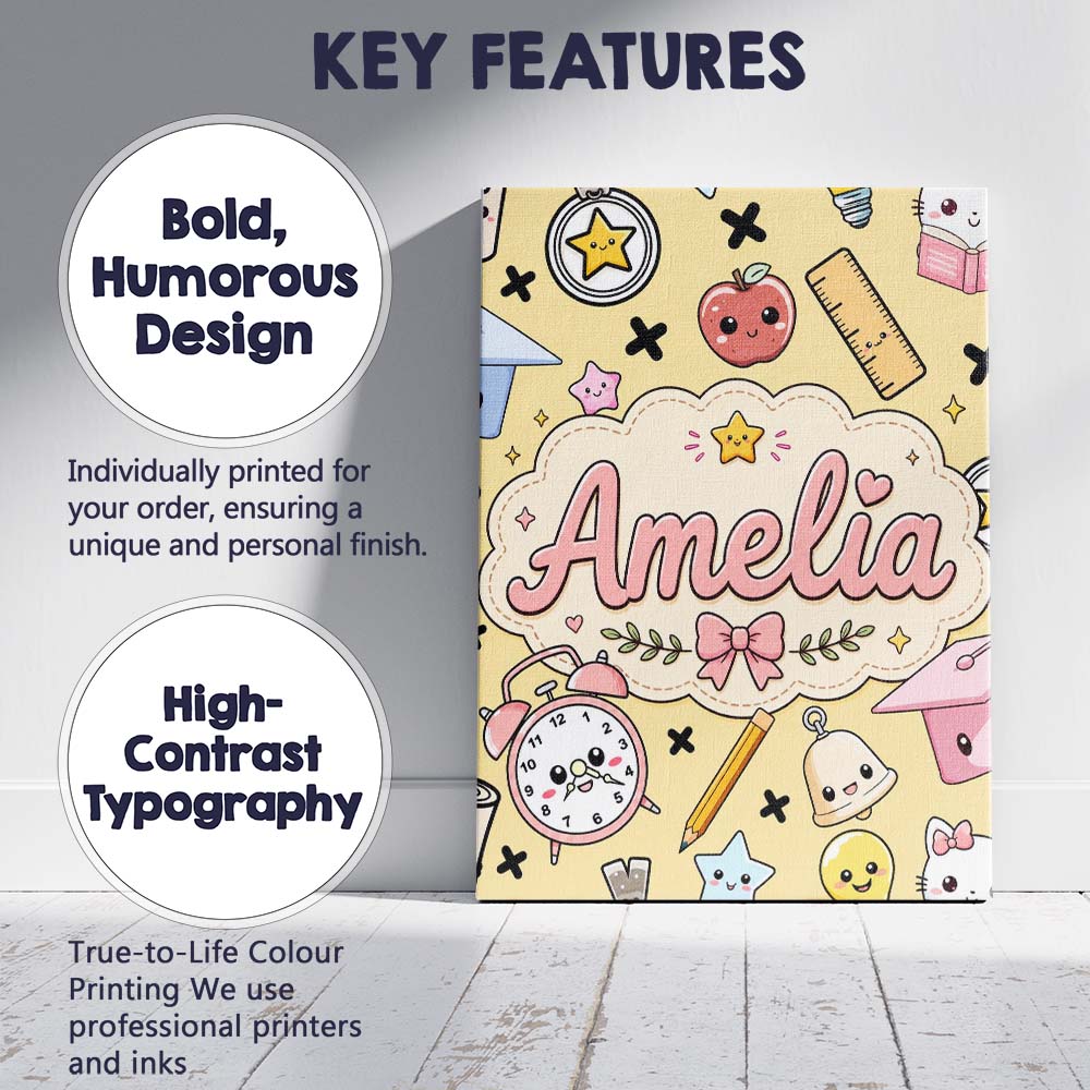 Personalised Name Cute Kawaii School Custom Premium Decorative Design Modern Room Accent Canvas Wall Art Print Decor Picture Ready to Hang